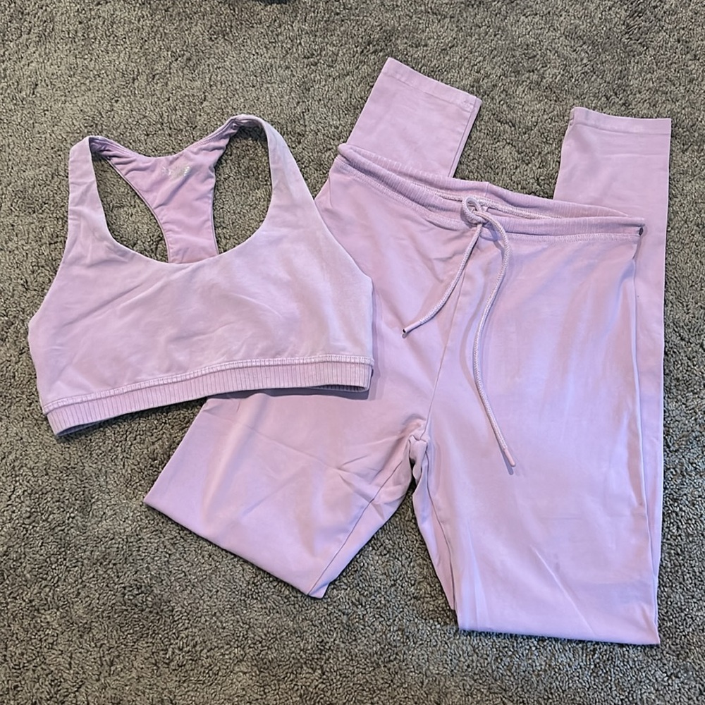 Aerie offline purple ribbed high waisted tie front leggings & matching bra set